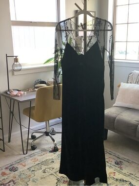 Black Velvet Slip Dress with Sheer Lace Overlay
